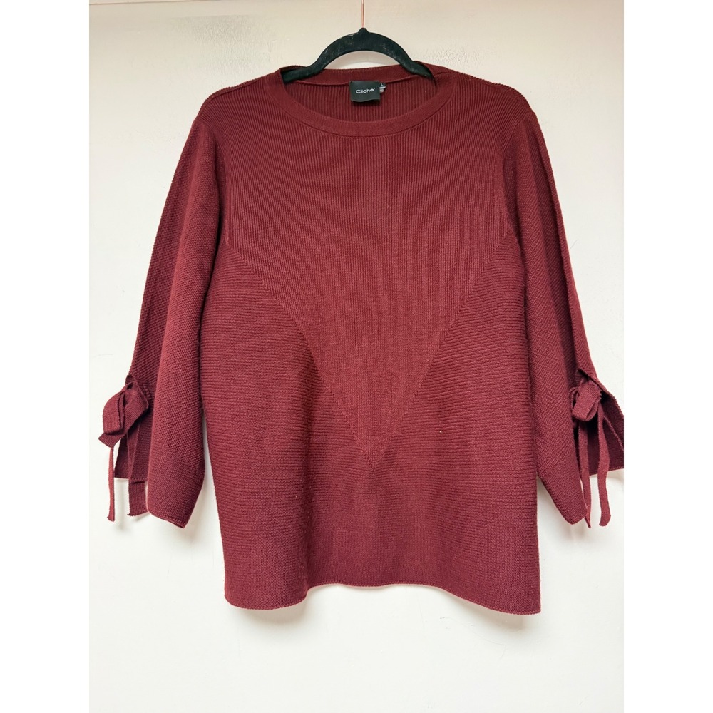 Cliche Sweater Womens Large Burgundy Excellent Wool Blend Tie Sleeve Ribbed 8758